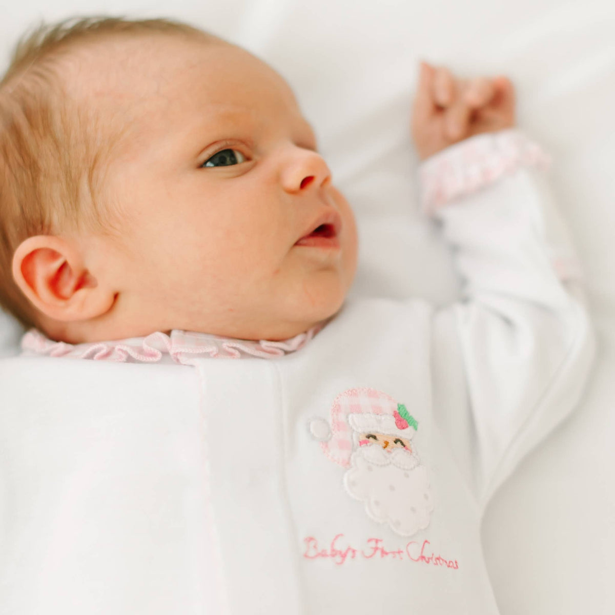 Pink Sweet St. Nick Applique Baby's First Christmas Ruffle Footie