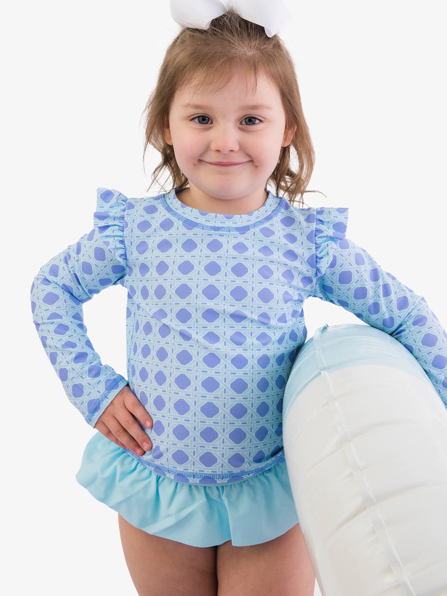 Girls Periwinkle Blue Coastal Cane Flutter Long Sleeve Rash Guard Skirted 2-Piece Swimsuit