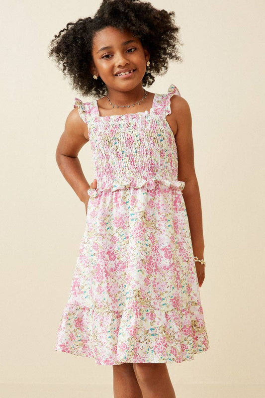 Girls Pink Floral Print Smocked Dress