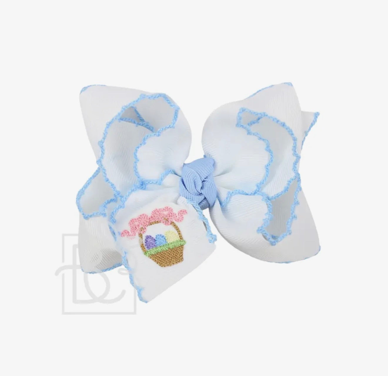 4.5" Embroidered Easter Basket Crochet Edge Hair Bow: White w/ Light Blue Edge