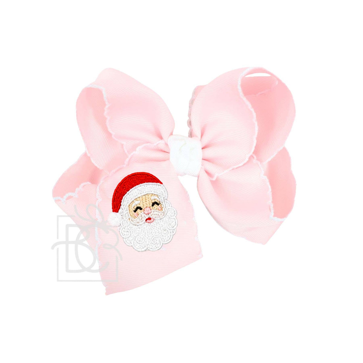 4.5" Light Pink Embroidered Santa White Crochet Edge Hair Bow