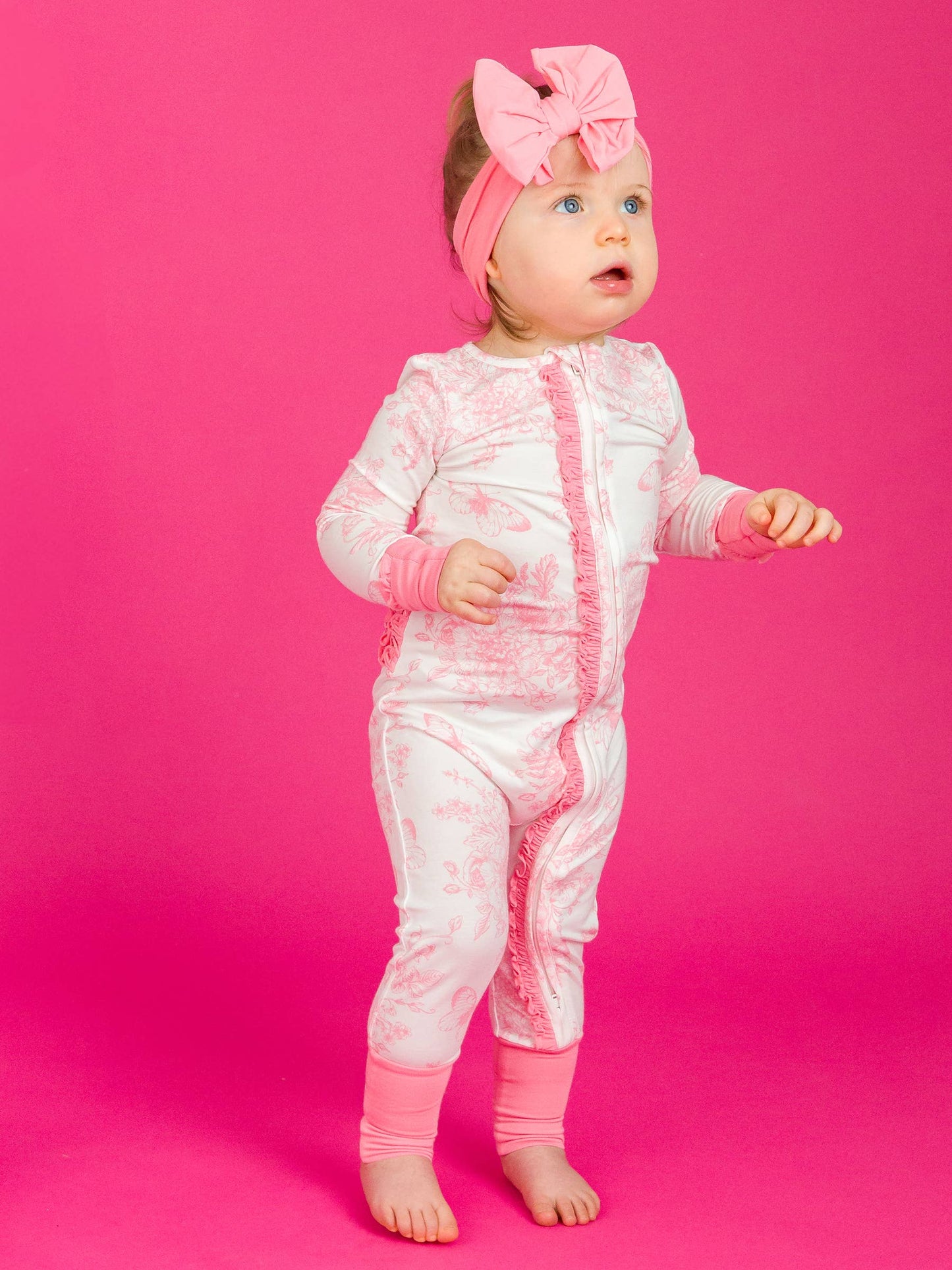 Bamboo Pink Butterfly Garden Toile Convertible Ruffle Footie Sleeper