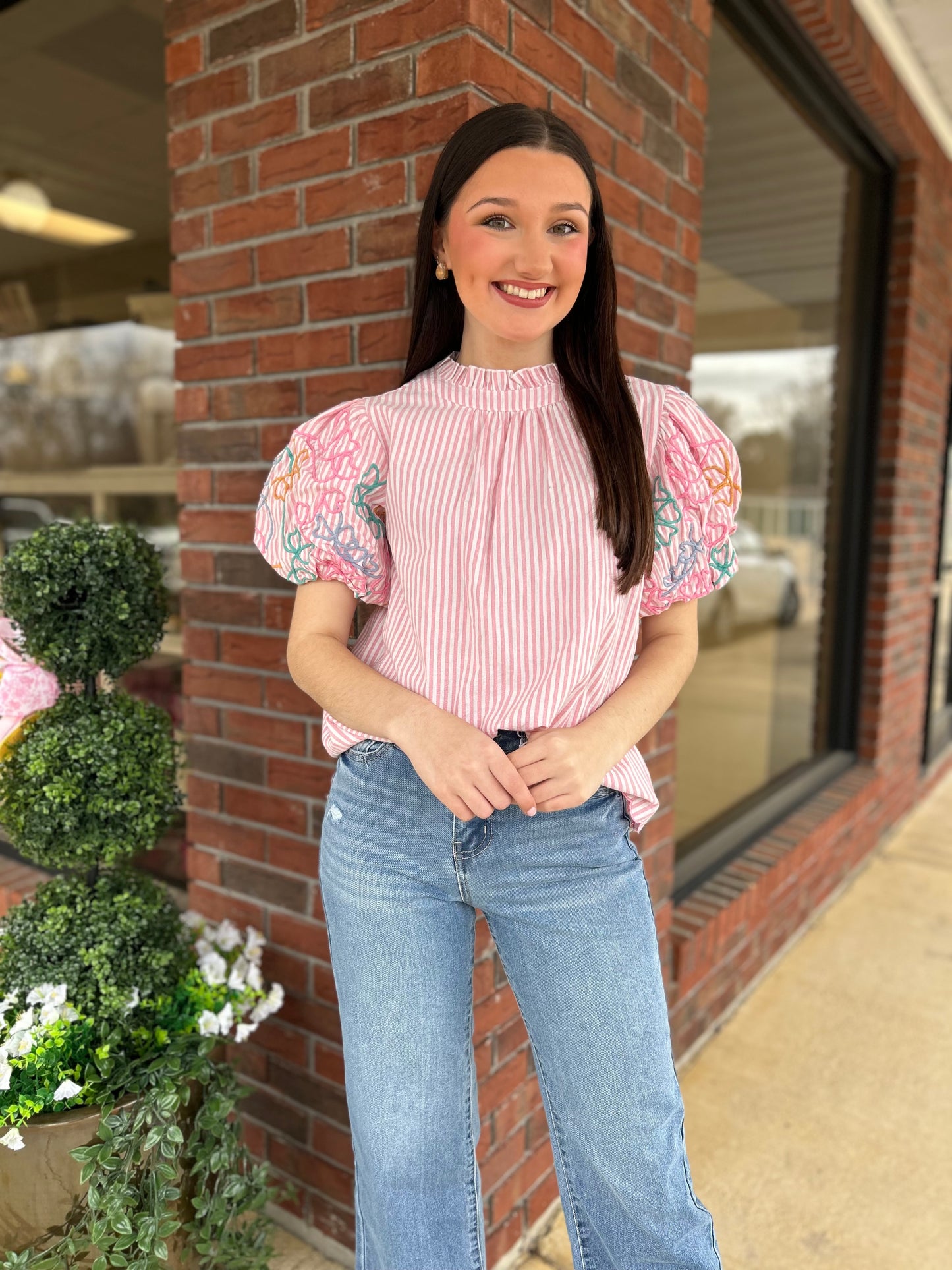 Life Is Sweet Pink Embroidered Bubble Sleeve Top