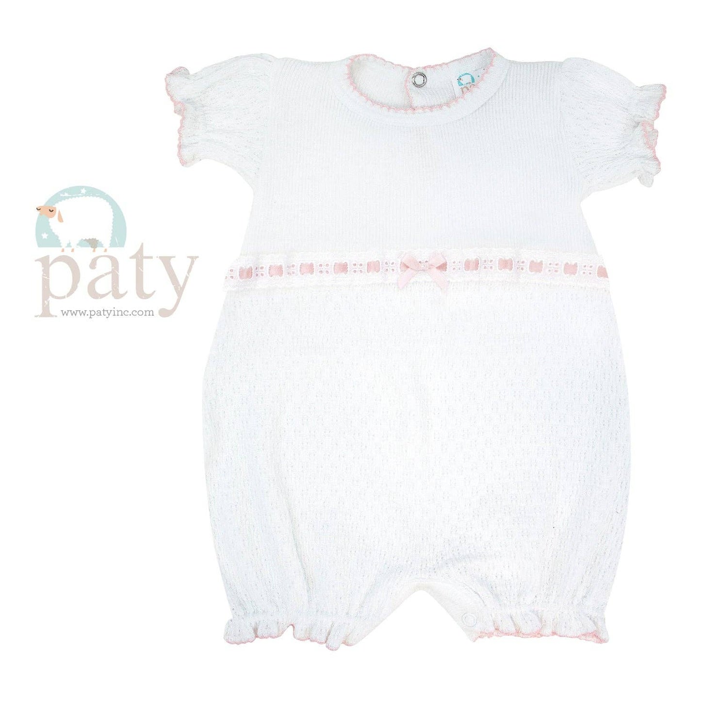 Paty White Knit Bubble With Pink Eyelet Ribbon