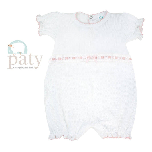 Paty White Knit Bubble With Pink Eyelet Ribbon