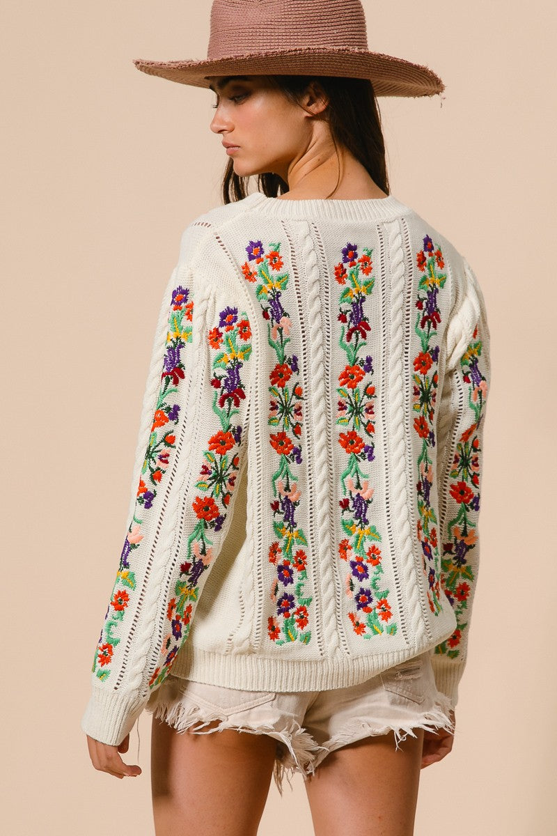 Buy Me Flowers Ivory Embroidered Sweater