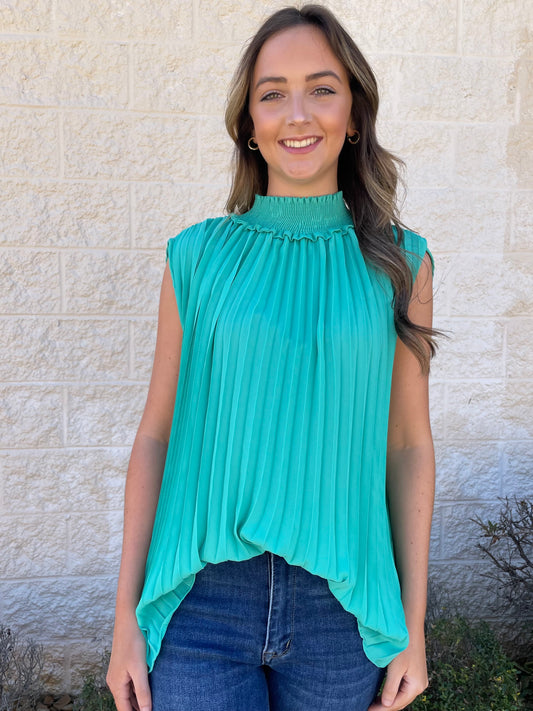 Keep You Posted Green Pleated Sleeveless Top