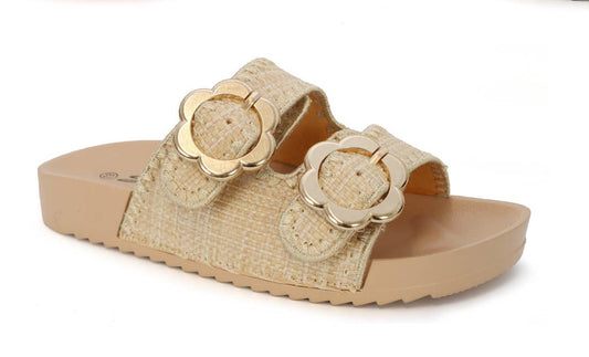 Girls Flower Buckle Raffia Sandals