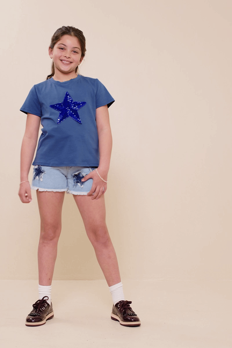 Girls Navy Sequin Star Patch Knit T Shirt