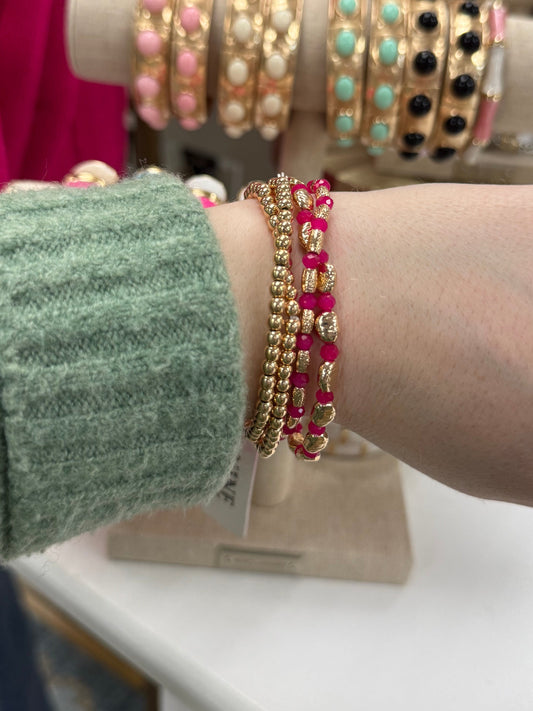 Stella Beaded Stretch Bracelets - Hot Pink/Gold