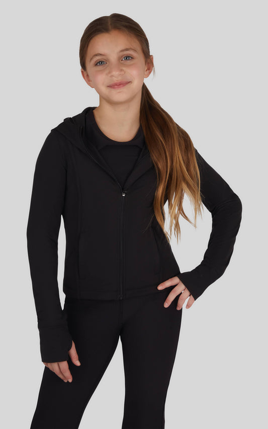 Girls Black Full Zip Active Jacket with Hood