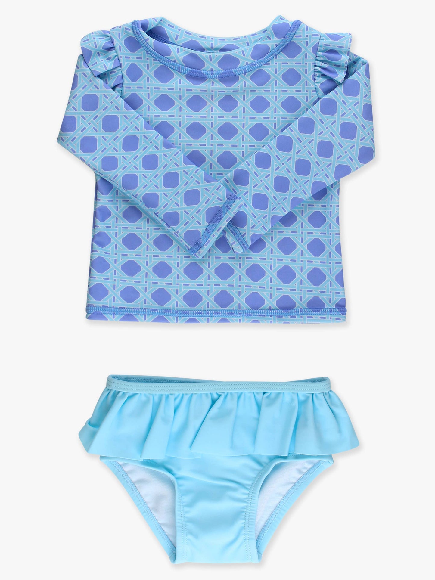 Girls Periwinkle Blue Coastal Cane Flutter Long Sleeve Rash Guard Skirted 2-Piece Swimsuit