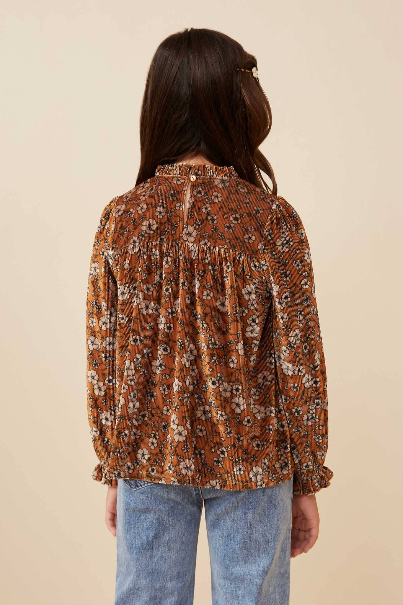 Girls Floral Velvet Cinched Cuff Long Sleeve Top