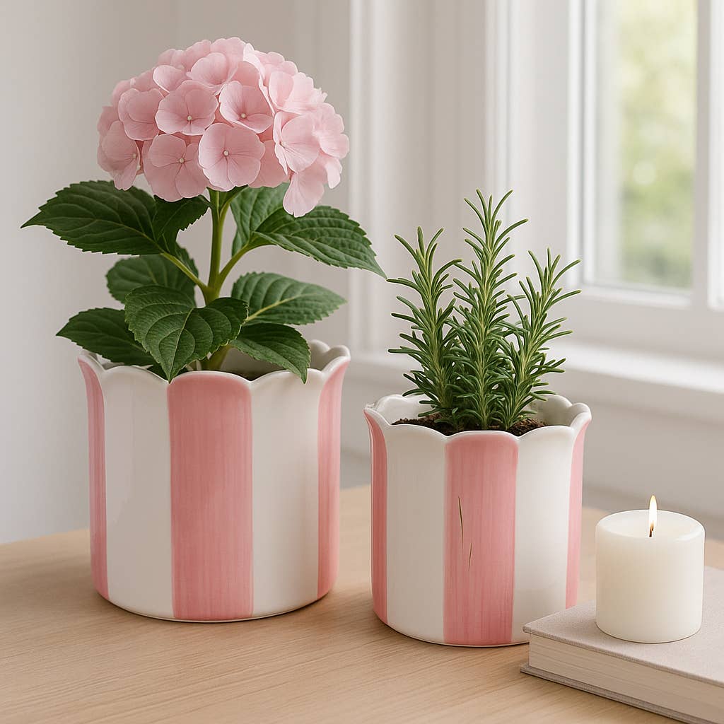 Pink Striped Scalloped Ceramic Planter