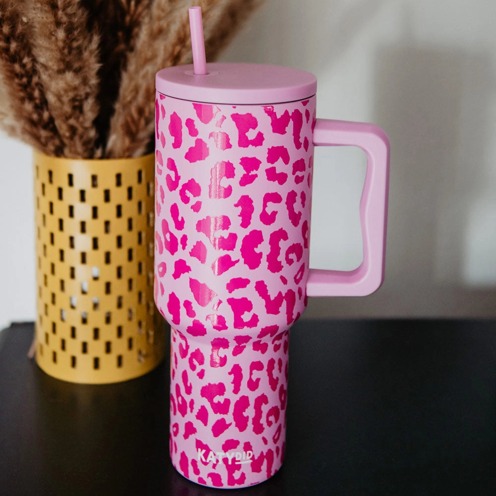 Light Pink Leopard Tumbler With Handle