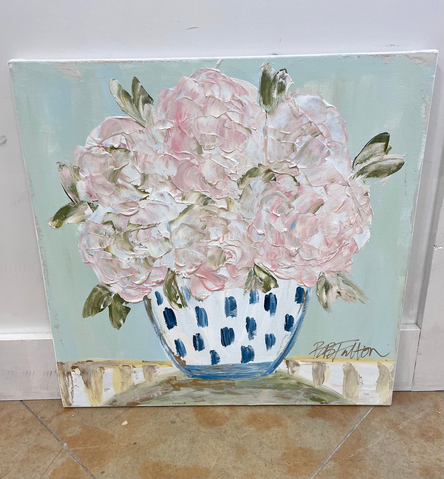 BB Fulton Pink Hydrangeas On Mint 24x24 Canvas