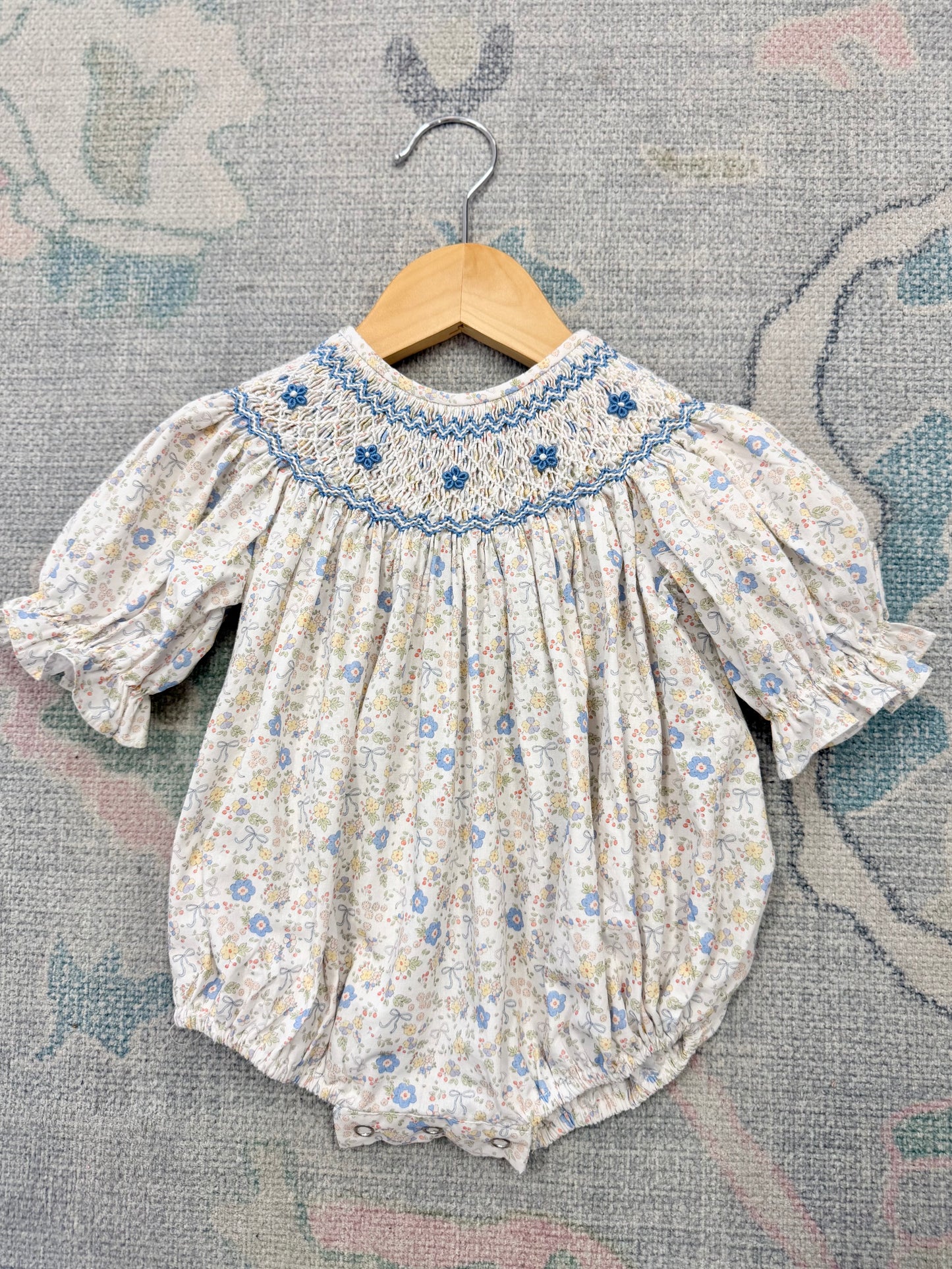 Ashley Blue/Yellow Bow Floral Print Smocked Bubble