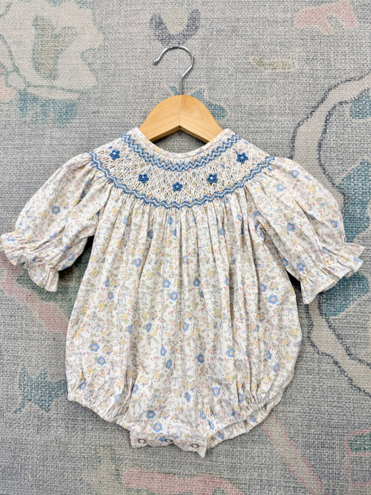 Ashley Blue/Yellow Bow Floral Print Smocked Bubble