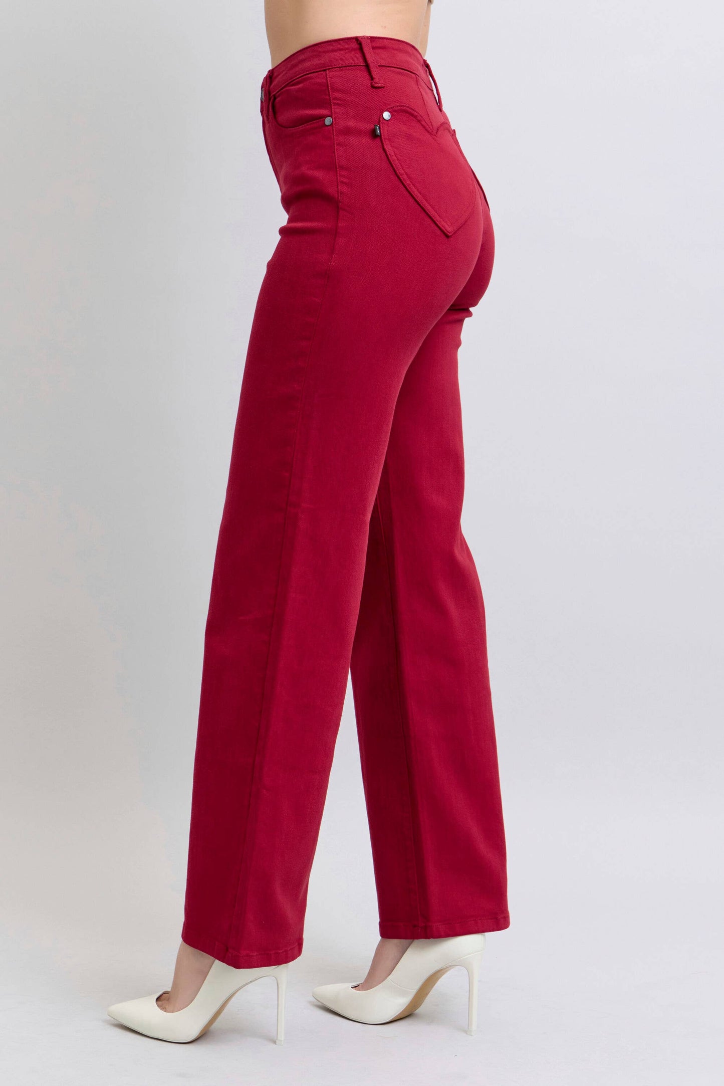 Red Heart Shaped Pockets Straight Leg Jeans