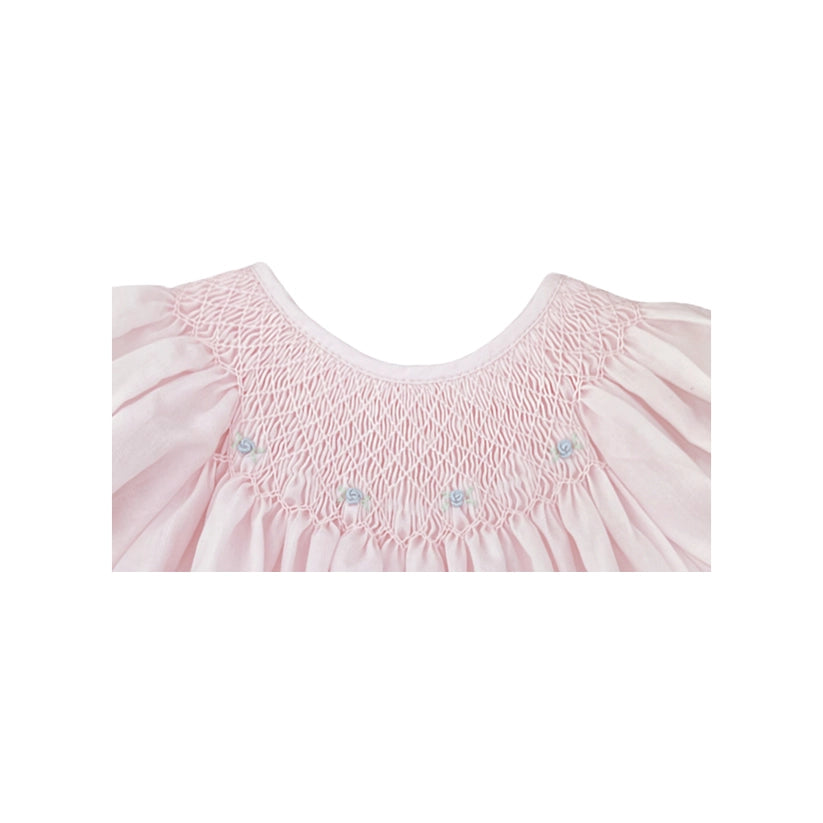 Pink Smocked Day Gown With Blue Embroidered Flowers