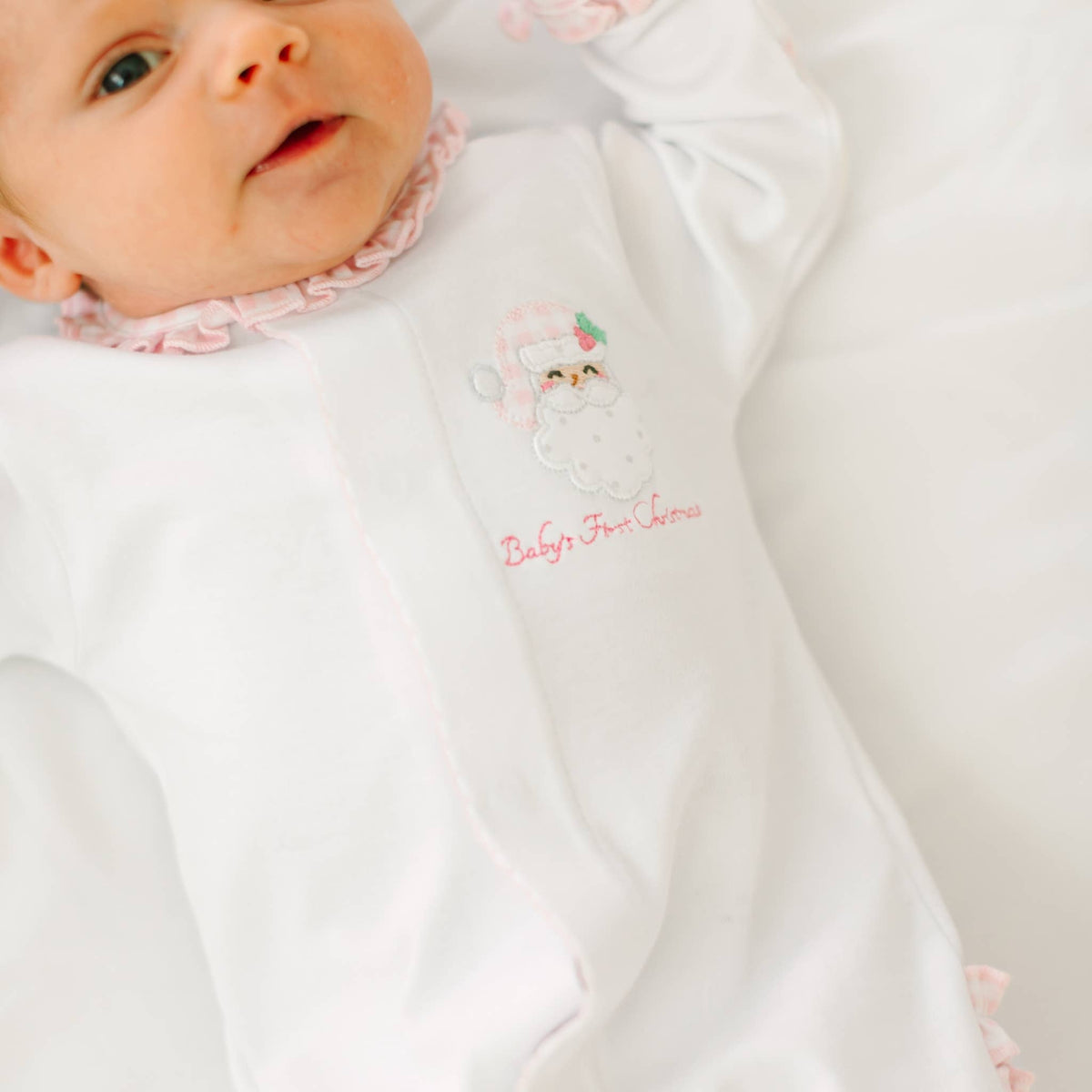 Pink Sweet St. Nick Applique Baby's First Christmas Ruffle Footie