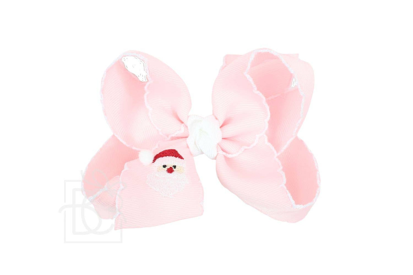 4.5" Embroidered Santa Crochet Edge Hair Bow: Light Pink w/ White Edge