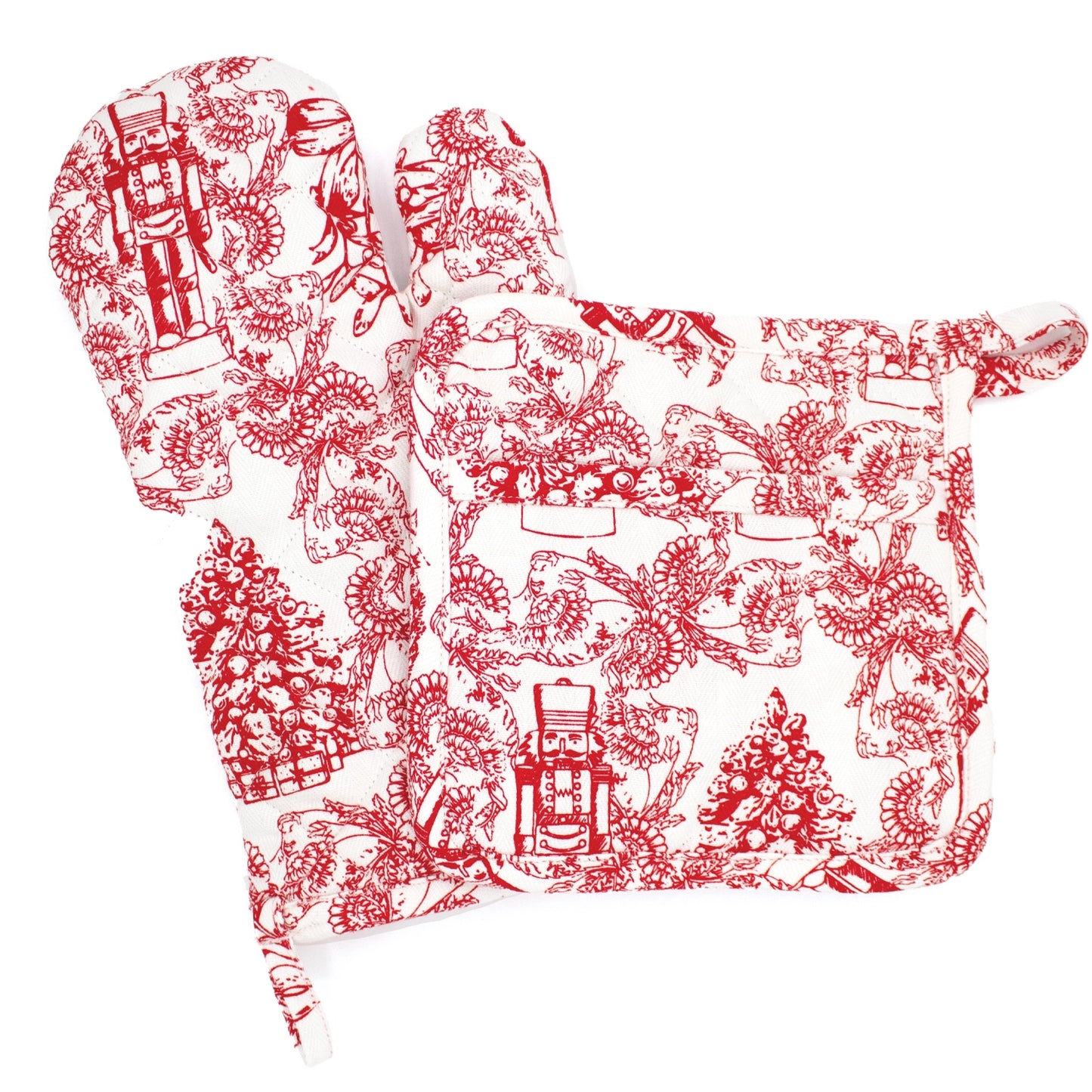 Red Nutcracker Toile Oven Mitt Set