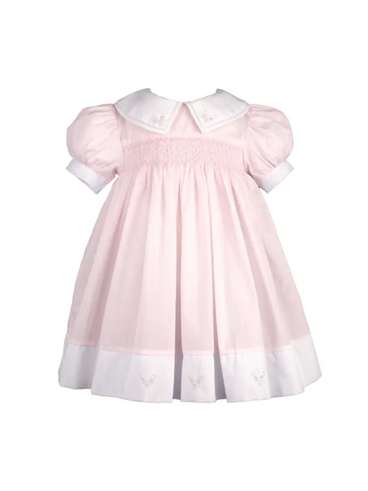 Pink Split Collar Smocked Dress