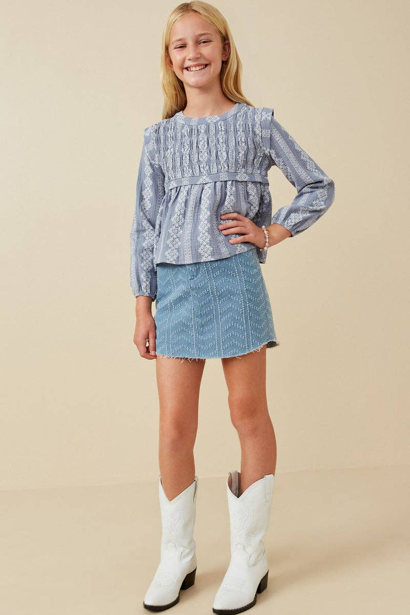 Girls Dusty Blue Smocked Long Sleeve Top