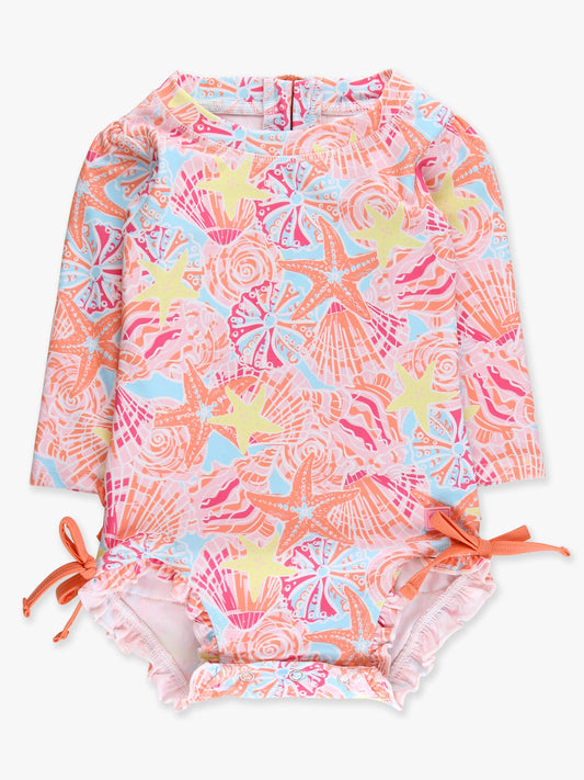 Baby Girls Sunset Seashells Long Sleeve One Piece Rash Guard Swimsuit