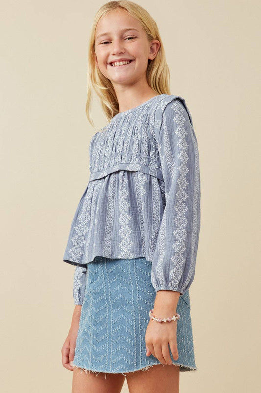 Girls Dusty Blue Smocked Long Sleeve Top