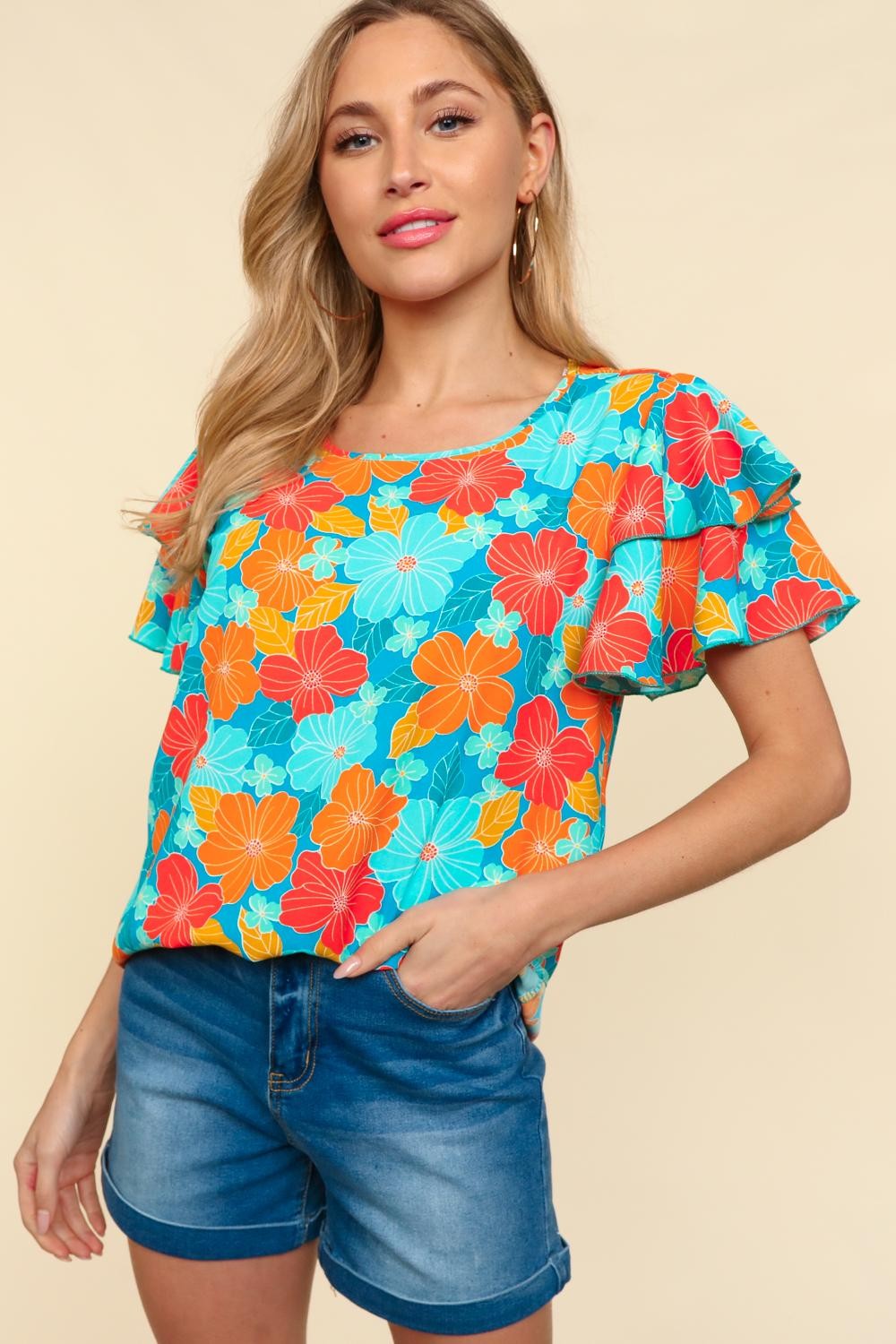 Ride The Wave Blue & Orange Floral Top