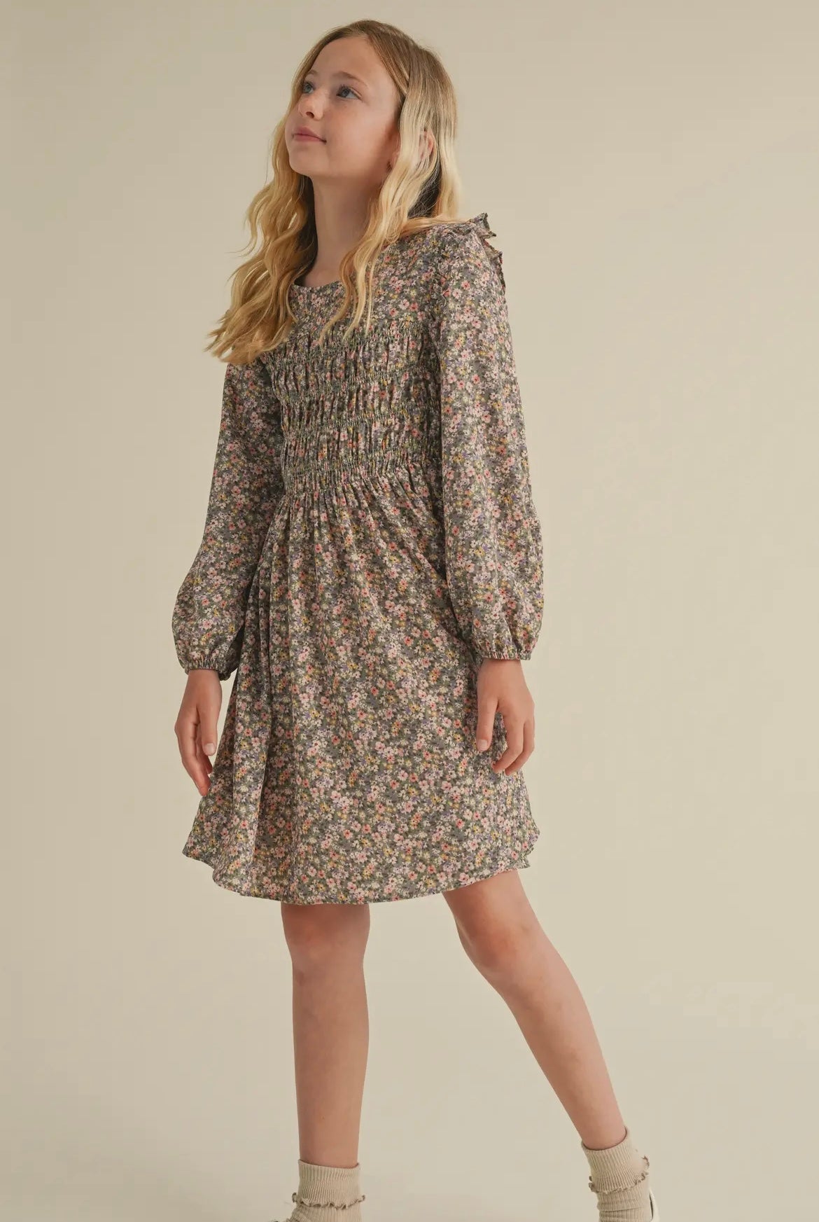 Olive Floral Smocked Top Dress