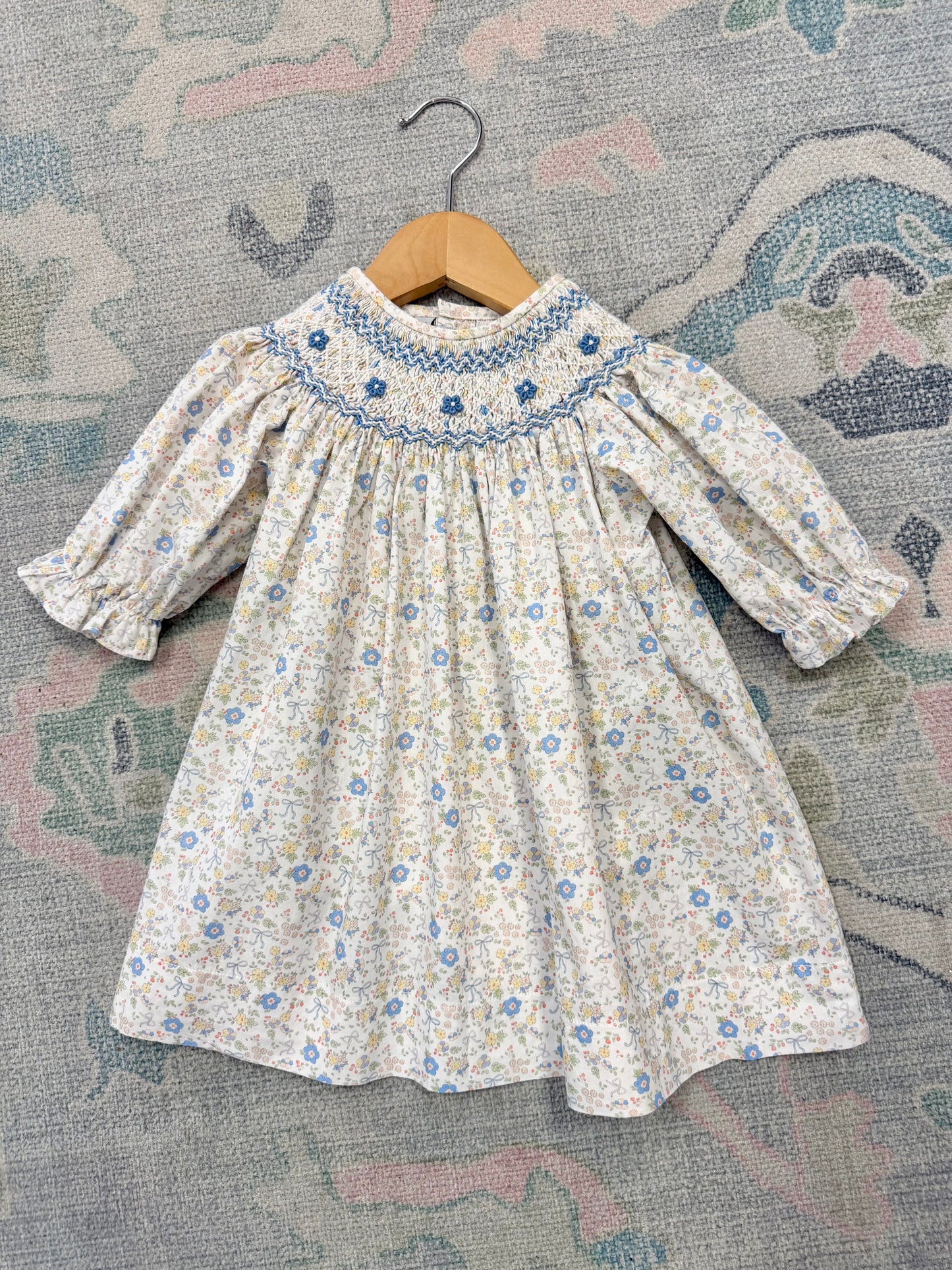 Ashley Blue/Yellow Bow Floral Print Smocked Dress