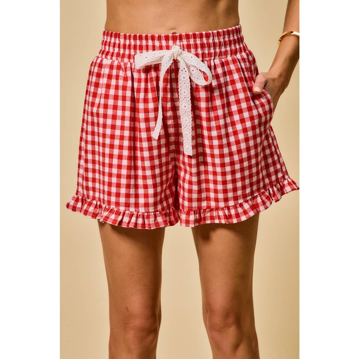 Checking In Red Gingham Ruffle Shorts