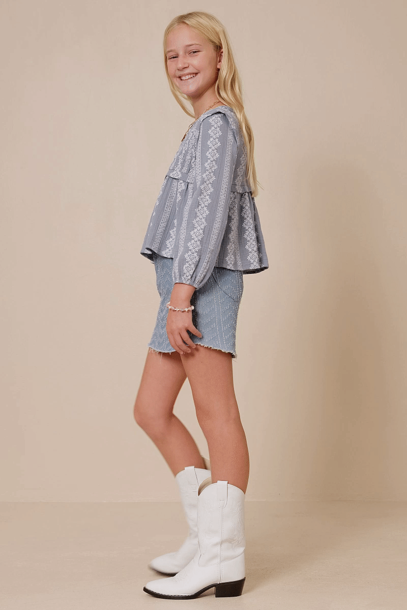 Girls Dusty Blue Smocked Long Sleeve Top