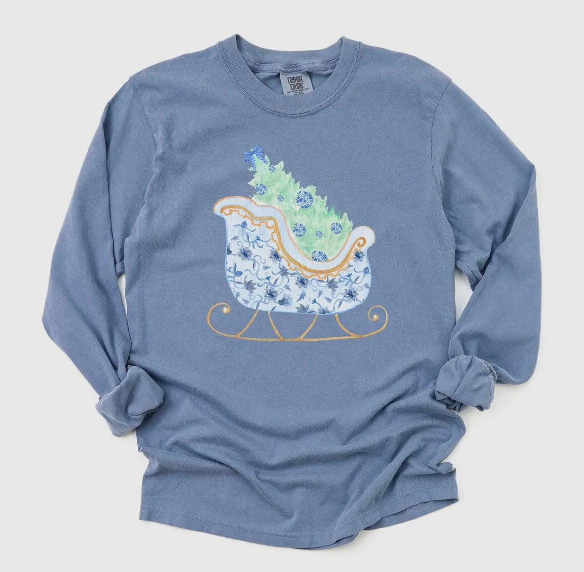 Blue Chinoiserie Christmas Sled Long Sleeve Tee