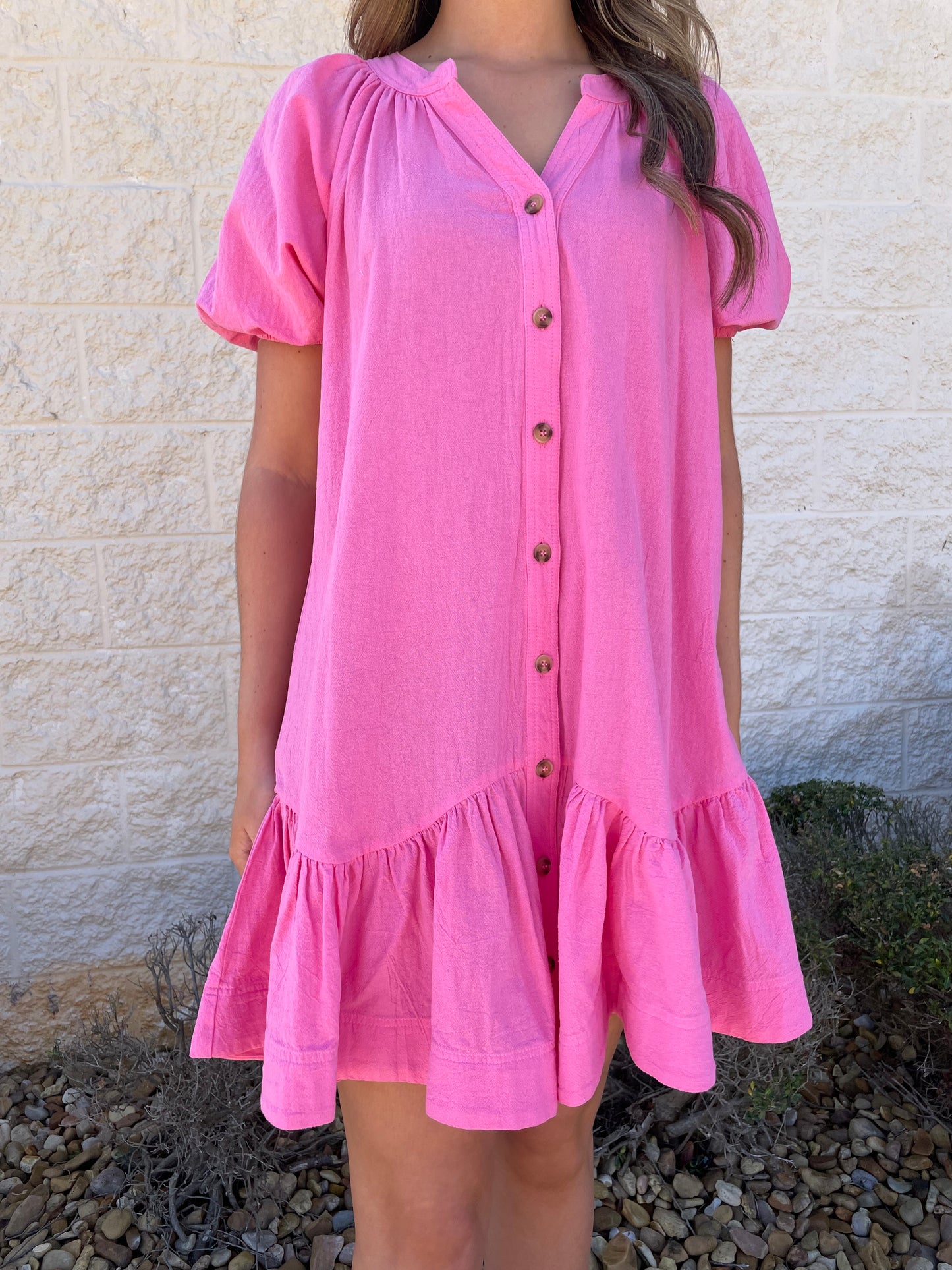 Spin It My Way Pink Button Down Dress