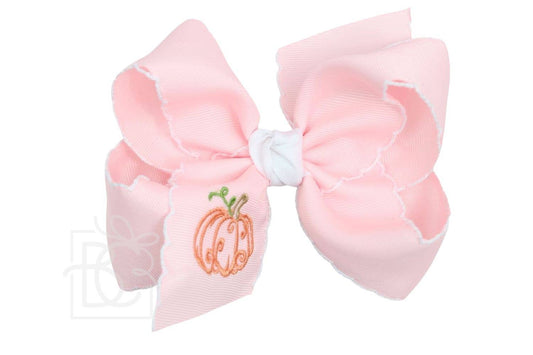 2.25" Embroidered Pumpkin Crochet Edge Bow: Light Pink-White