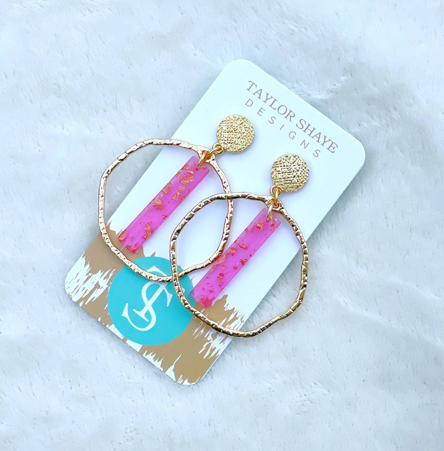 Gold Leaf & Hot Pink Acrylic Stick Hoop Earrings