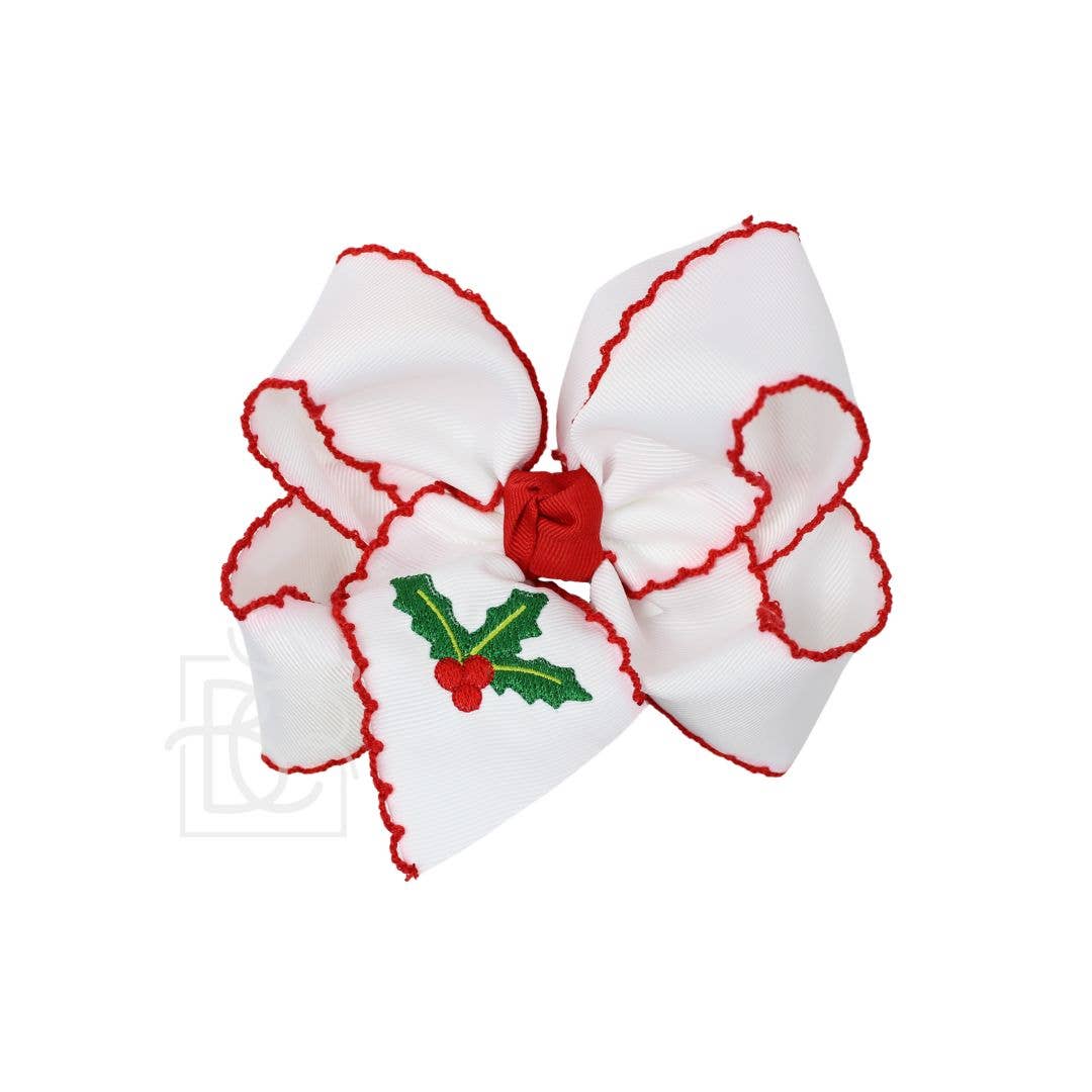 4.5" Embroidered Holly Crochet Edge Hair Bow