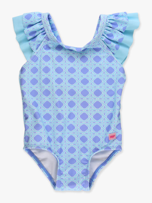 Girls Periwinkle Blue Coastal Cane Bow V-Back One Piece Swimsuit
