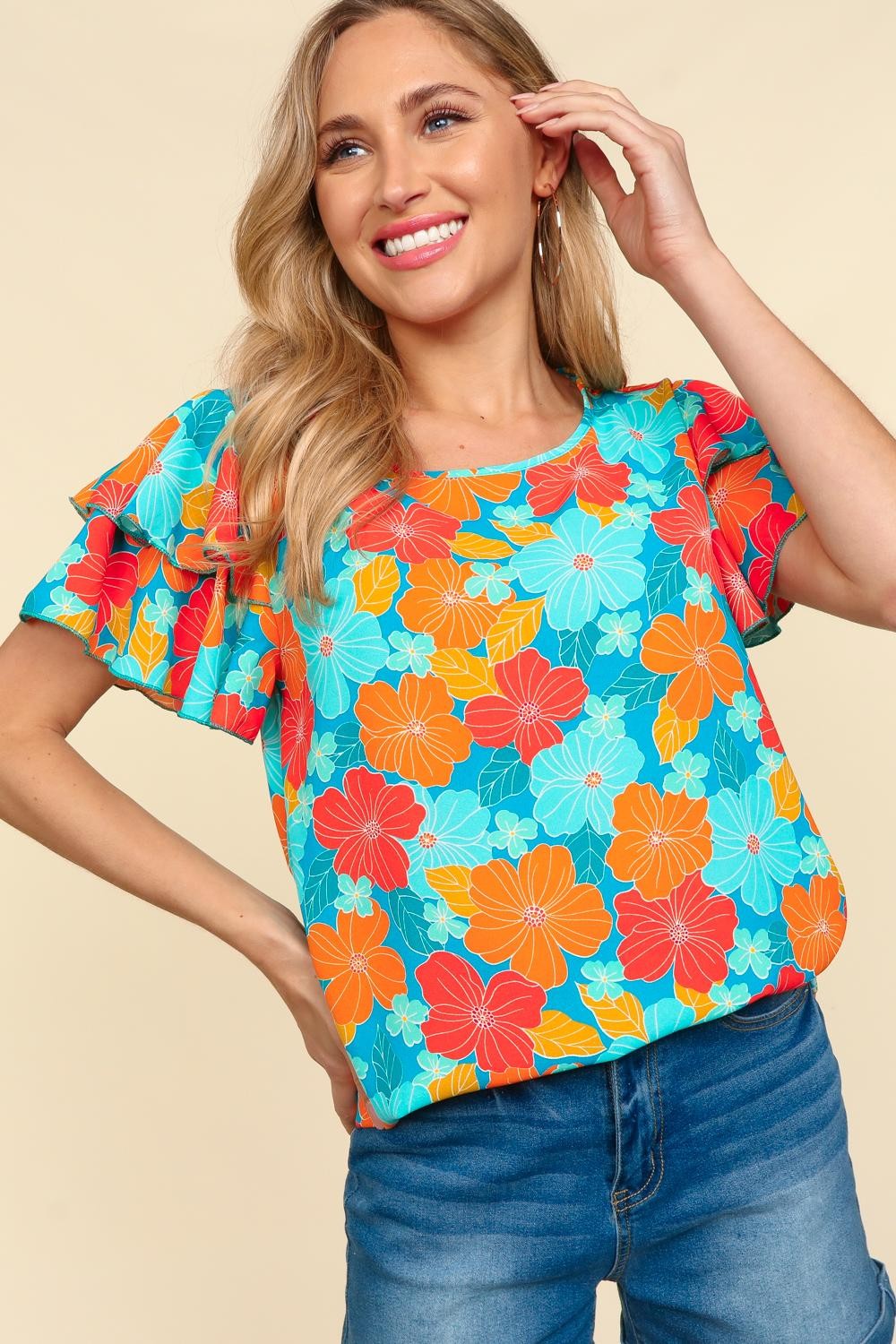 Ride The Wave Blue & Orange Floral Top