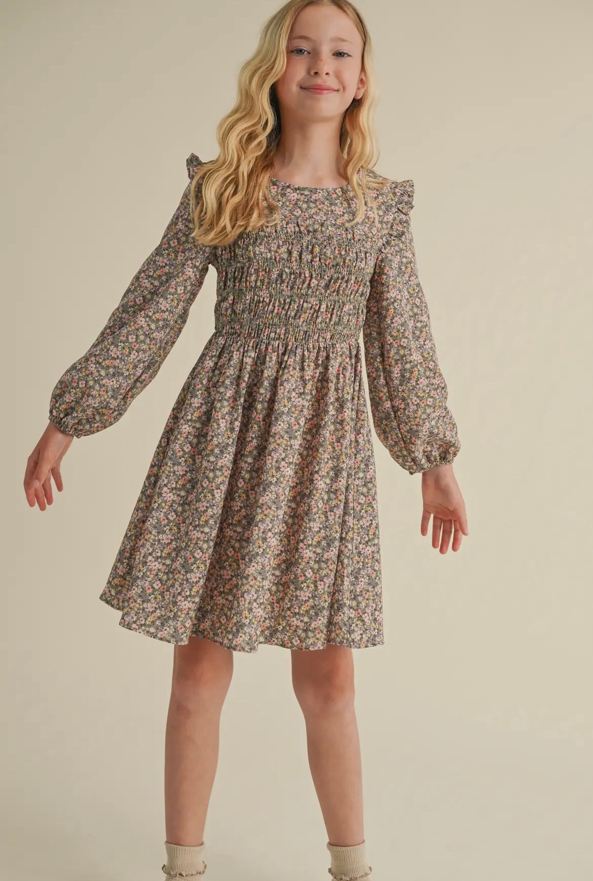 Olive Floral Smocked Top Dress