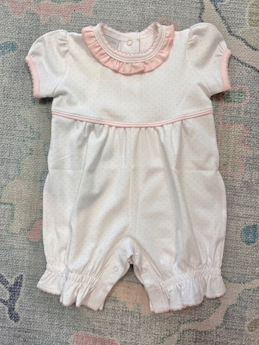 Pink Bitty Dot Puff Sleeve Romper with Ruffle Neck