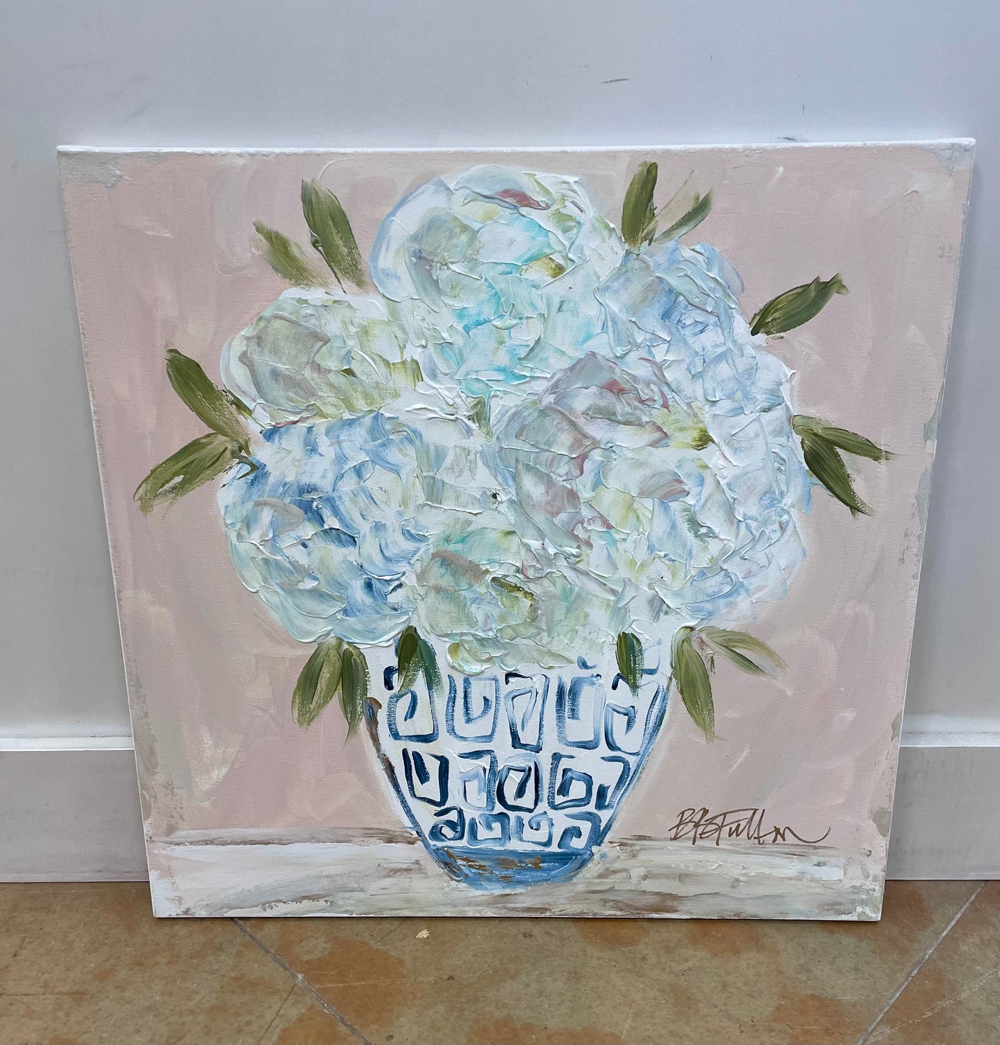 BB Fulton Blue Hydrangeas On Pink 24x24 Canvas