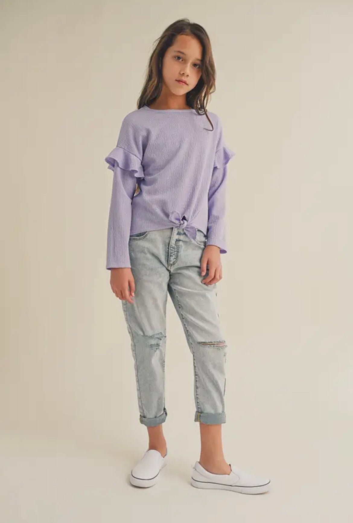 Lavender Long Sleeve Ruffle Tie Front Top