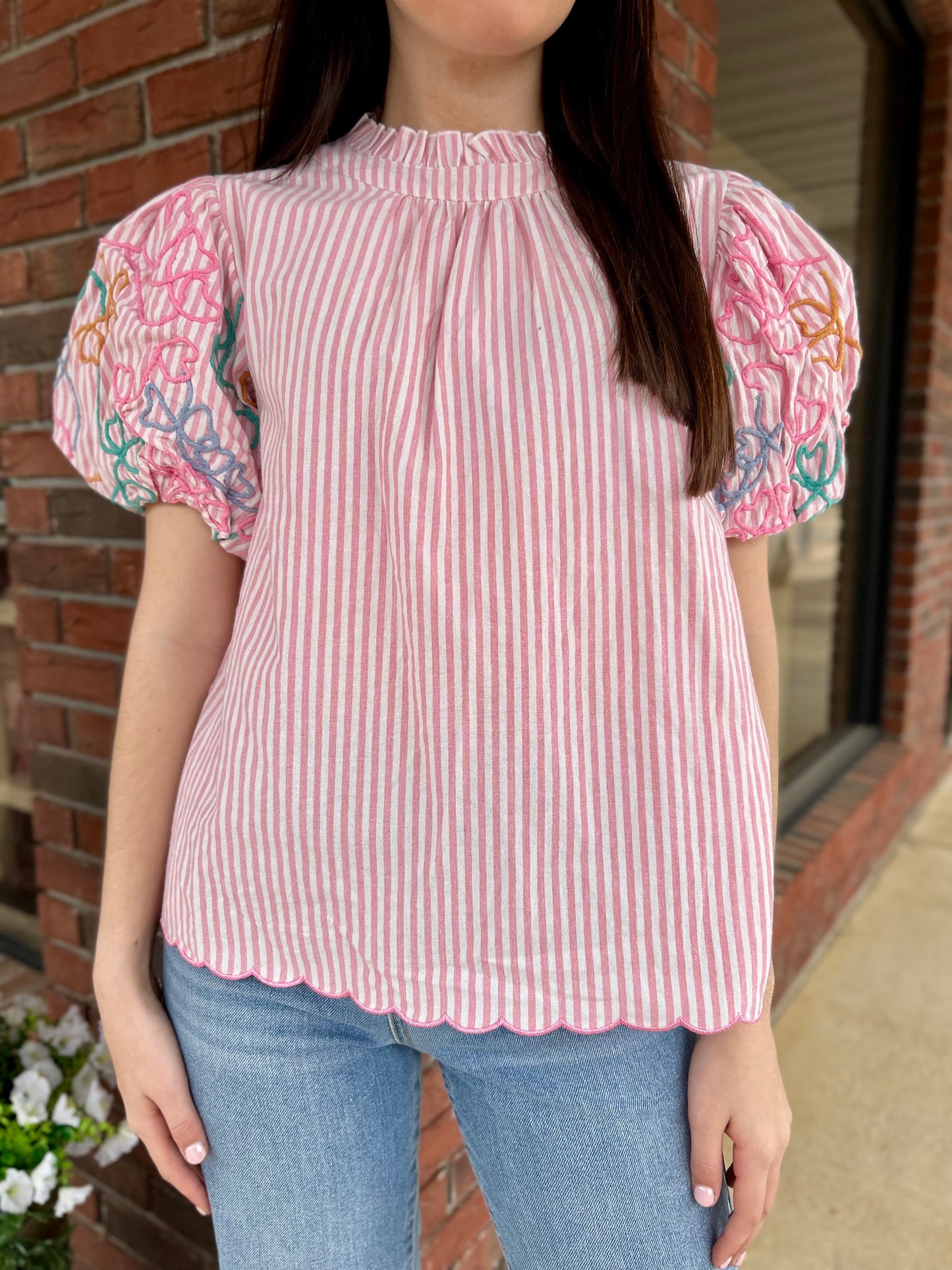 Life Is Sweet Pink Embroidered Bubble Sleeve Top