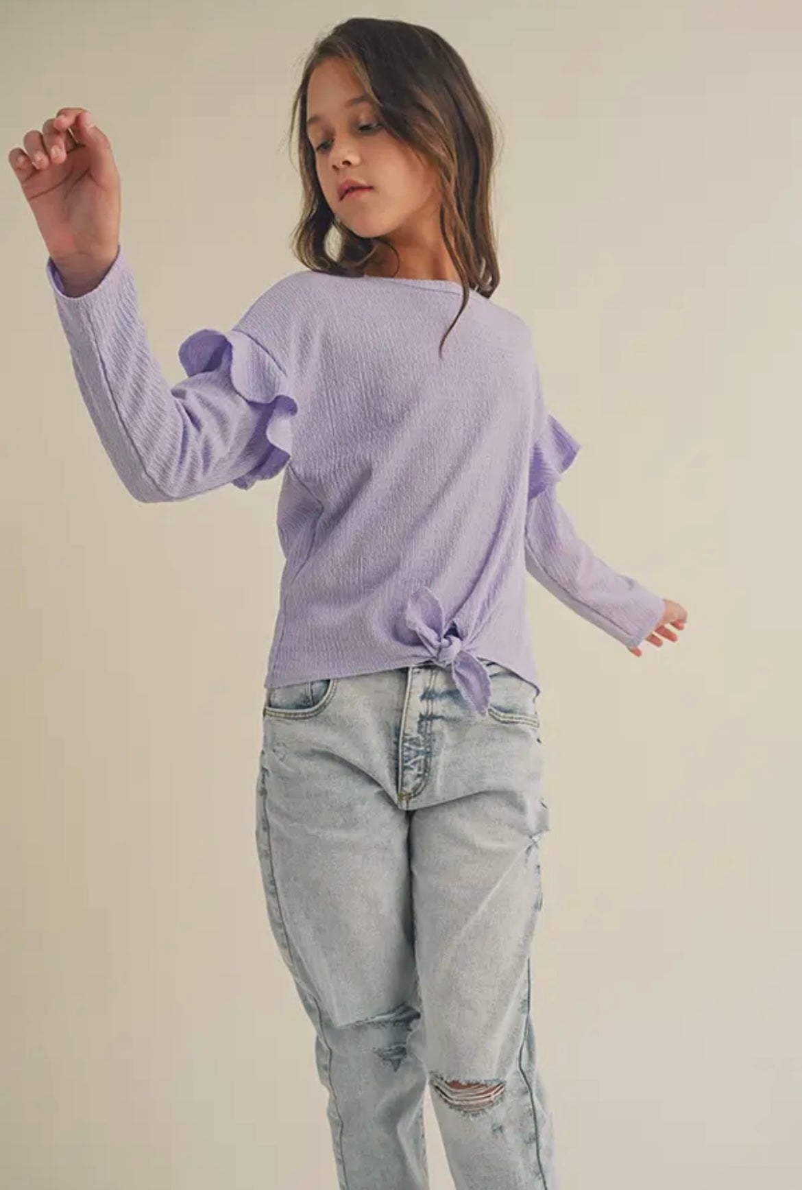 Lavender Long Sleeve Ruffle Tie Front Top