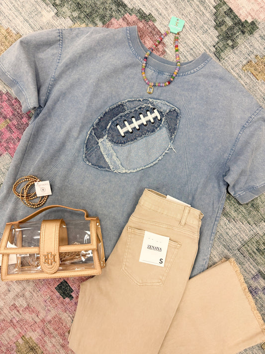 Gameday Denim Washed Football Applique Tee